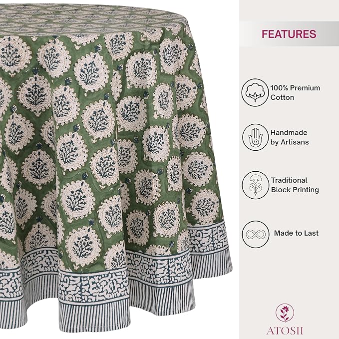 ATOSII Kari Green 100% Cotton Round Boho Spring Summer Tablecloth, Block Print Floral Table Cloth Linen for Dining, Parties, Weddings, OutdoorsI Home Table Decor 72" Inches Round