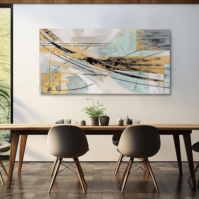Abstract Wall Art Framed Wall Decor Modern Canvas Abstract Wall Art Black-Gold and Blue Grey Abstract Artwork for Living Room Bedroom Dining Room Home Office Decor 29"x58"