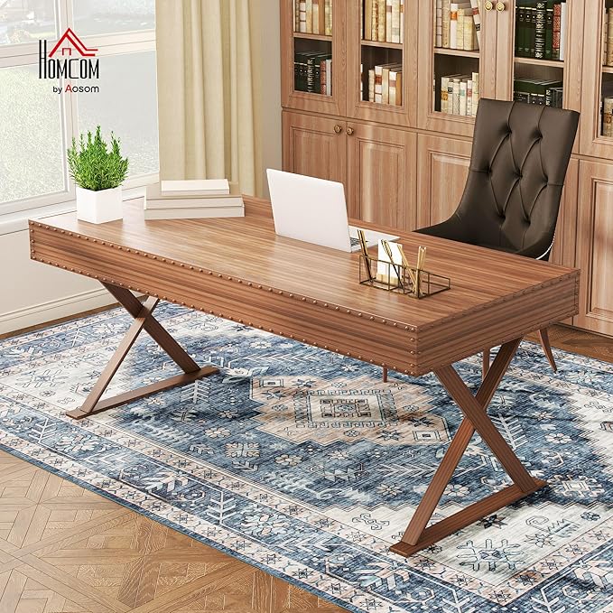 HOMCOM Washable Area Rug, 5'x7' Vintage Indoor Distressed Carpet, Retro Floor Cover Foldable, Floral Print Mat for Living Room, Bedroom, Dining Room, Blue