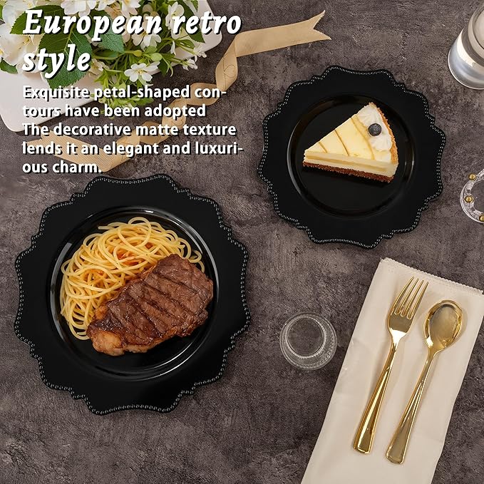 COLOSUS 60pcs Black Plastic Party Dinner Plates - 9.5 Inch- Heavy Duty Disposable Plastic Dinner Plates for Party Wedding Birthday and Everyday Use