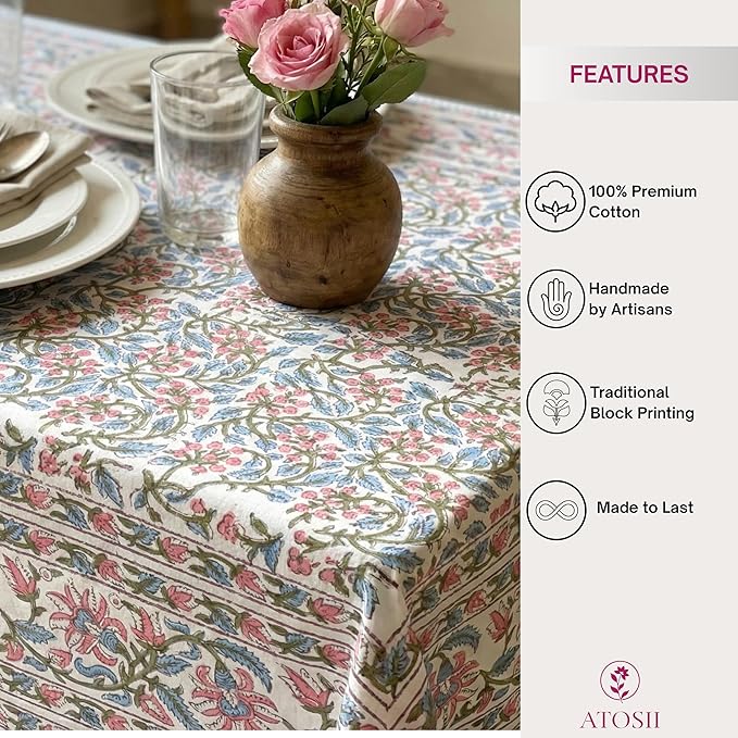 ATOSII Kalina 100% Cotton Rectangle Tablecloth, Handblock Floral Linen Table Cloth for Kitchen Dining Table I Parties Wedding Outdoors I Home Decor 60 X 108 Inches