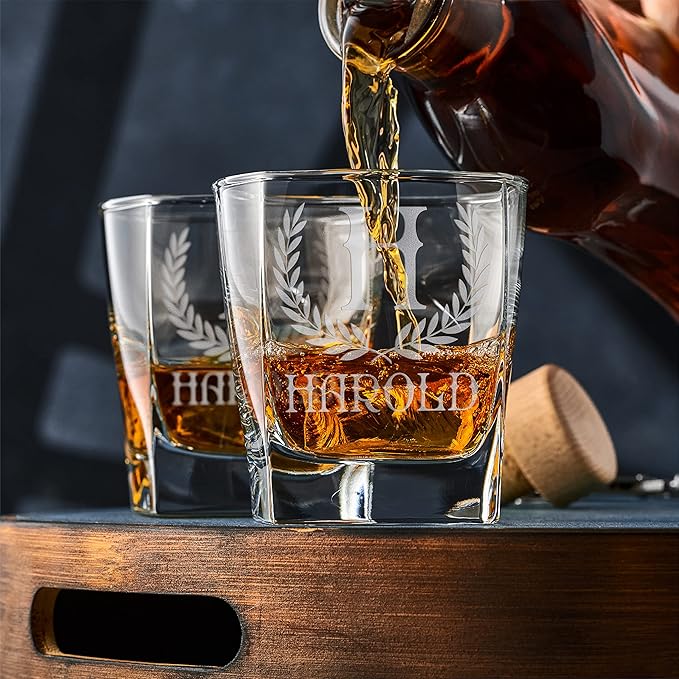 Customization Mill Set of 4, Monogrammed Whiskey Rocks Glasses w/Name & Initial - Whiskey Gifts for Men - 9 Designs - Personalized Bourbon Whiskey Glasses