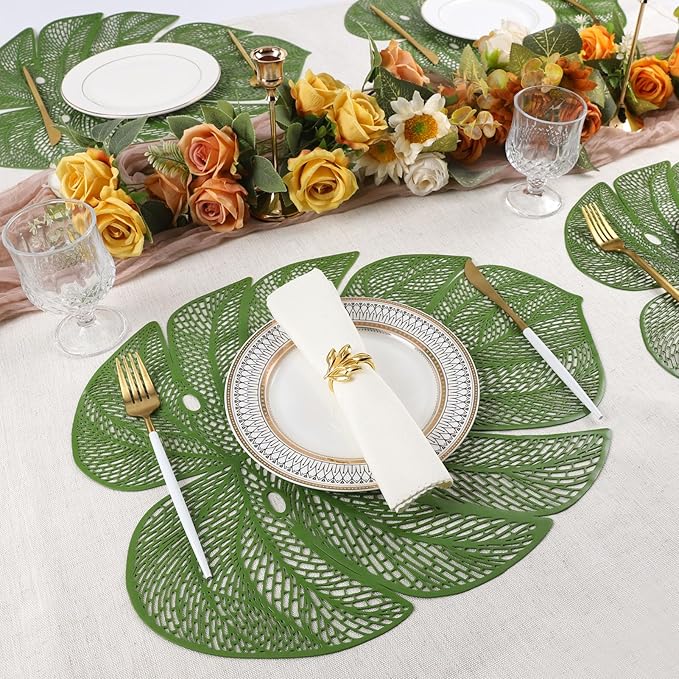 Evevda Green Leaf Shaped Vinyl Placemats for Dinner Table Set of 6 Metallic Plastic Green Place Mats Wipeable 6Pcs Table Mats for Wedding Annersary Dinner Table Decoration Mats(17.7x13.8inch/45x35cm)