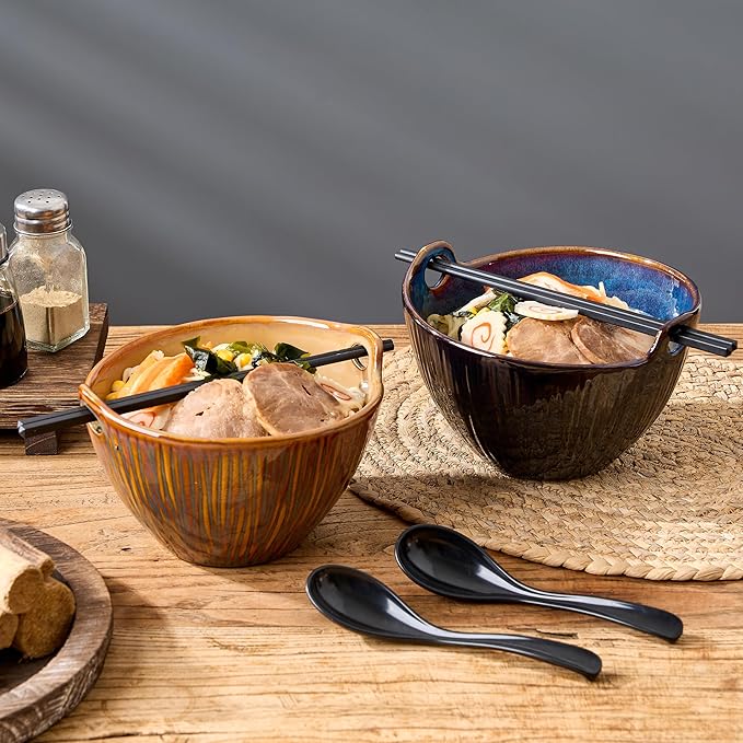 Ramen Bowl with Chopsticks and Spoons Set, 7 Inch Ceramic Noodle Bowl Set of 2, Dishwasher Safe for Pho Udon Soba Noodle Salad Pasta, Special Reactive Glazed Dark Blue Bowls Set