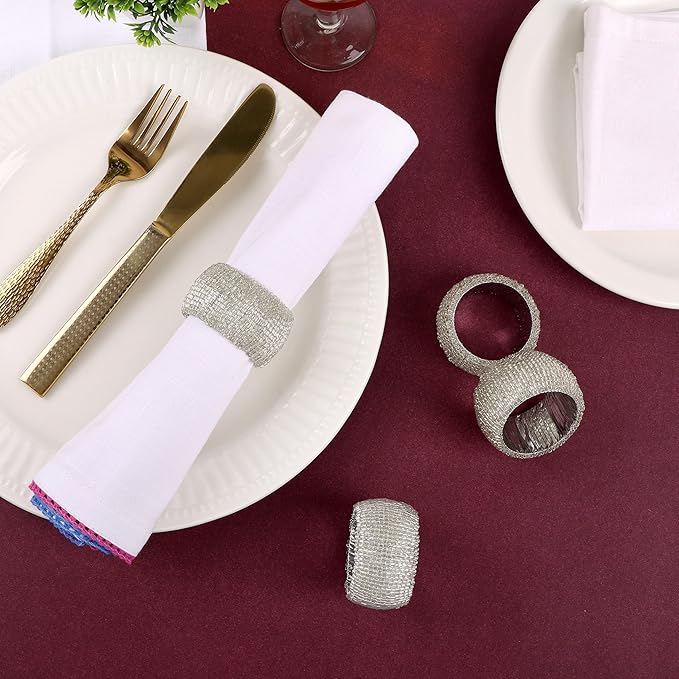 ALPHA Living HOME Beaded Napkin Rings Set of 12- Beaded Napkin Holders for Christmas, Thanksgiving, Holiday Party, Dinner PartyWeddings, Parties, Family Gatherings, and Table Décor - Silver