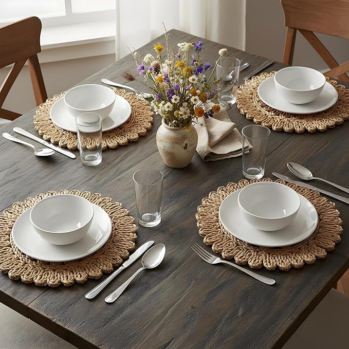 15" Corn Husk Woven Round Placemats Set of 4 - Wicker Boho Farmhouse Placemats - Rattan Table Mats Like Water Hyacinth for Dining Table, Wedding, Home, Christmas, Party