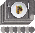 MOSAYT Placemats Set of 8, Heat Resistant Vinyl Place Mats with Coasters, Wipeable Washable Waterproof Oil Proof Faux Leather Table Mats for Kitchen Dining Party Outdoor, 12" x 17", Dark Light Grey