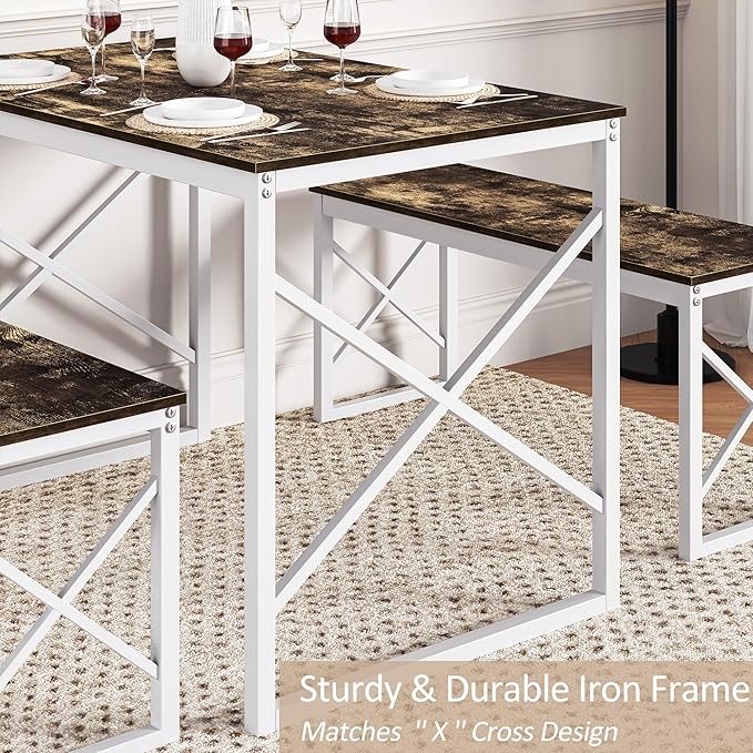 VECELO Kitchen Dining Table Sets for 4, Wood Dinette 2 Benches with Metal Frame for Dinner Breakfast Nook and Small Space, Dark Brown