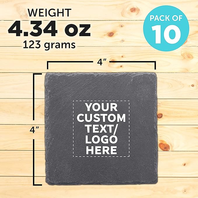 Custom Sohag Square Slate Coasters Set of 10, Personalized Bulk Pack - Table Decor, Kitchen Decor, Wedding Favors - Black