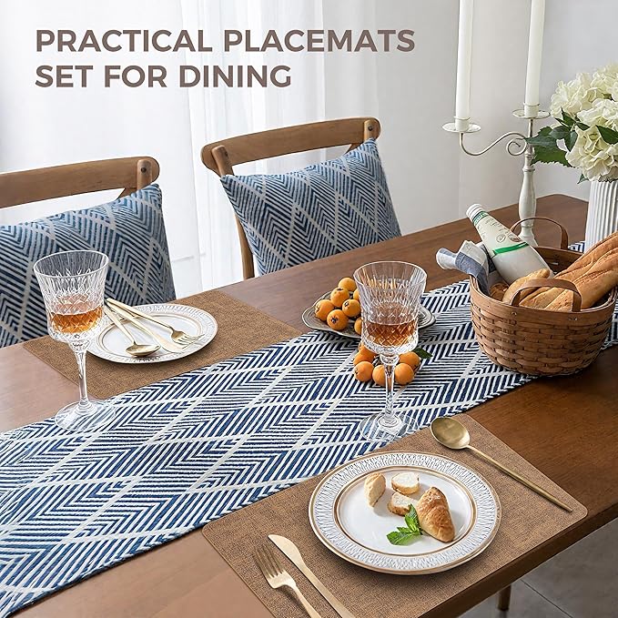 Vinyl Placemats Set of 8, Faux Leather Waterproof and Heat Resistant Place Mats, Washable Anti-Slip Table Mats with Coaster, Wipeable Placemats for Indoor & Outdoor 17" x 12" (Light Brown, Set of 8)
