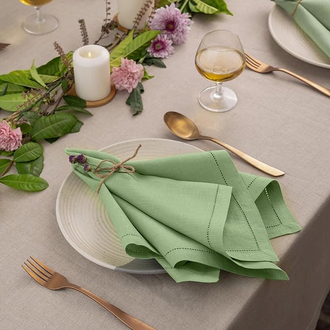 D'Moksha Homes Sage Green Linen Napkins Set of 4 - Classic Hemstitch 100% Pure Linen Hemstitch Dinner Napkins 20 x 20 Inch for Spring, St Patricks Day, Easter - Handcrafted and Machine Washable