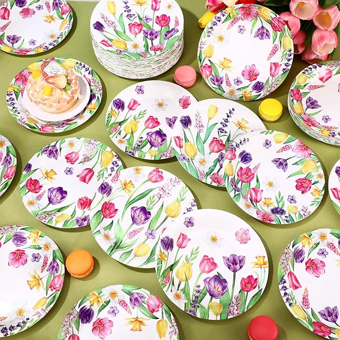 Umigy 120 Pcs Summer Tulip Floral Paper Plates 7 Inch Floral Party Decoration Plates, Summer Wild Flower Disposable Decorative Tableware for Birthday Wedding Baby Shower Tea Party Bridal Shower