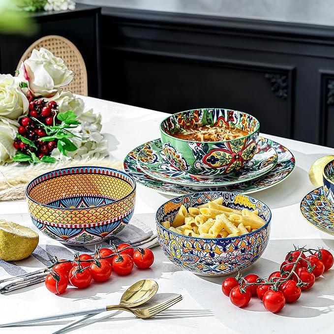 HENXFEN LEAD Boho Cereal Bowls Set of 6, 28 oz Ceramic Soup Bowls – Colorful Bowls for Salad, Oatmeal, Ramen, Rice and Pasta, Microwave & Dishwasher Safe