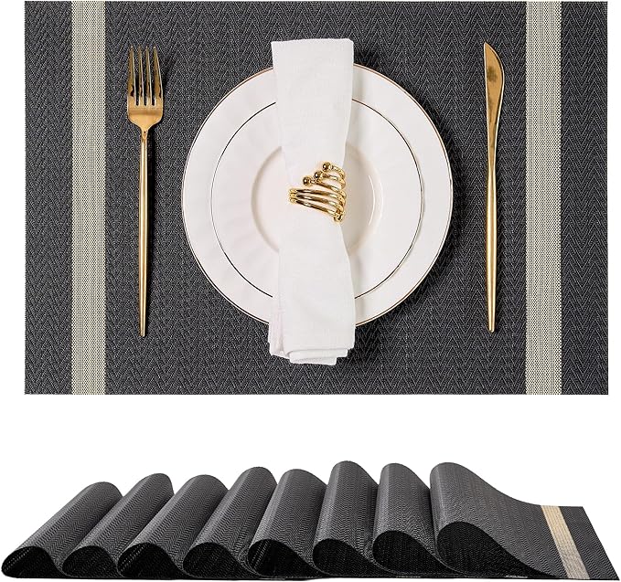 Leetaltree Luxury Black Placemats with Gold Stripes Placemats Set of 4 - Waterproof Washable for Wedding, Anniversary, Daily Use - Sparkling Table Decor - Hand-Cut