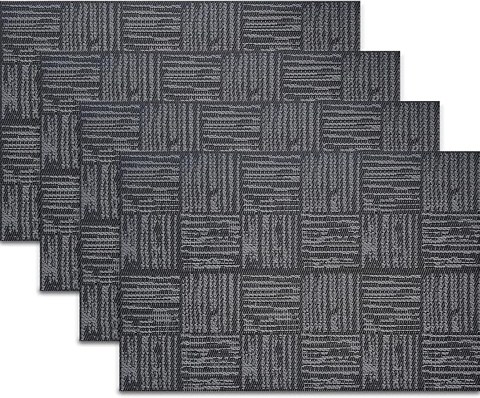 Placemats Set of 4 Plastic Vinyl Place Mats No-Slip Wipeable Table Mats Daily Use Patio Kitchen Decoration (18"x12", Black)