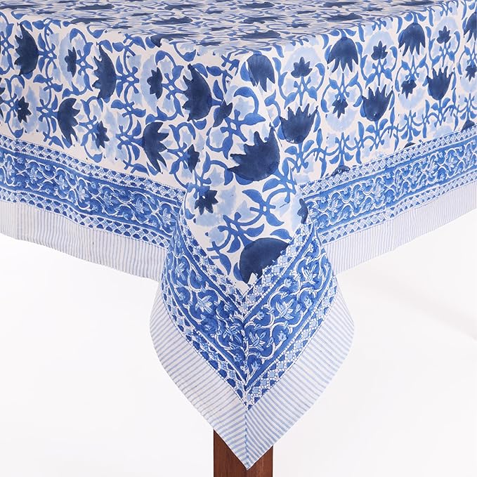 ATOSII Positano Blue 100% Cotton Rectangle Fall Tablecloth, Handblock Floral Linen Table Cloth for Dining Table I Parties Christmas Thanksgiving Grand Millennial Home Decor 72 X 108 Inches I 8 Seater