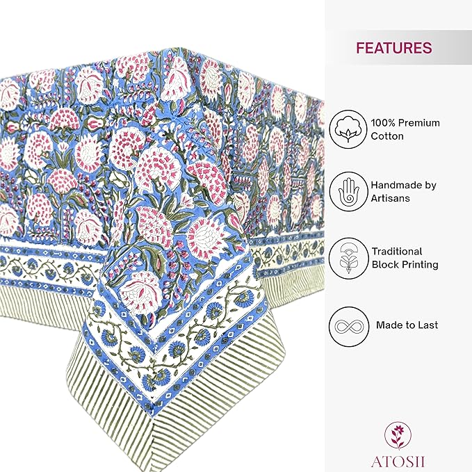 ATOSII Clover Pink 100% Cotton Rectangle Boho Fall Tablecloth, Handblock Floral Table Cloth Linen for Kitchen Dining I Parties Wedding Outdoors Christmas Thanksgiving I 72 X 120 Inches I 10 Seater