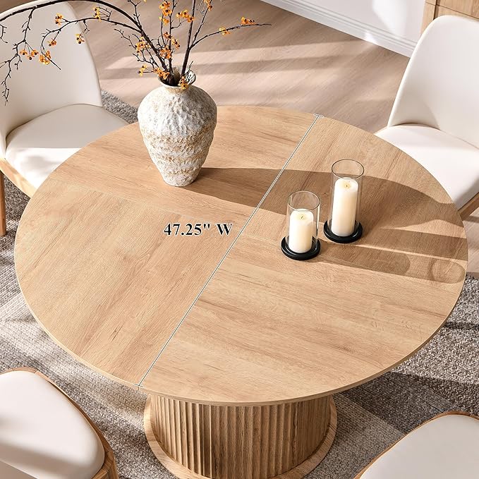 T4TREAM 47" Fluted Round Dining Table for 4-6, Mid-Century Modern Kitchen Table with Thickened Edge & Cylindrical Base for Dining Room, Kitchen, Living Room,Natural Oak(Table Only)