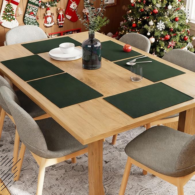 Encasa XO Dining Placemat Set of 6 | Dark Green Color | Fine Ribbed Cotton Table mat | Size 19x13 in | Machine Washable