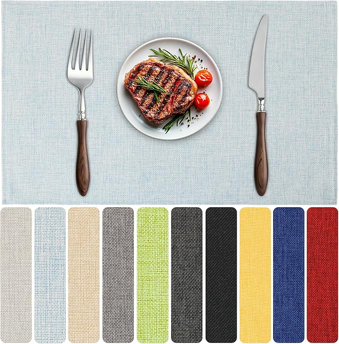 Blue Forest Placemats Set of 8,Dual-Layered Thickened Faux Linen Table Mats Heat Resistant Machine Washable Wrinkle Free Place Mats for Kitchen Dining Outdoor/Indoor (Sky Blue)