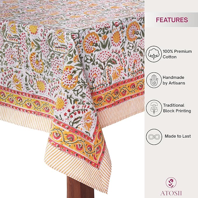 ATOSII Clover Yellow 100% Cotton Square Fall Tablecloth, Handblock Floral Print Linen Table Cloth for Kitchen Dining I Parties, Weddings, Outdoors, Christmas, Thanksgiving Fall Decor 60 X 60 Inches