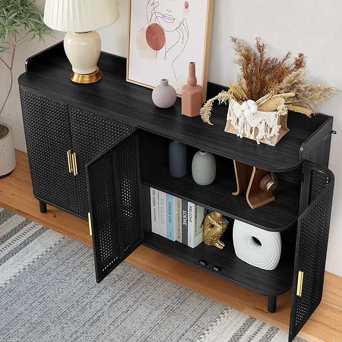 ORRD 4 Doors Storage Cabinet, 2 Tier Wooden Storage Organizer Cabinet with Adjustable Shelf, Sideboard Buffet Cabinets with Iron Curved Doors Accent Shoe Rack for Entryway Hallway Living Room (Black)