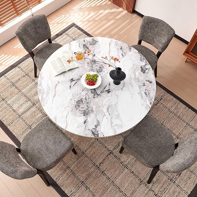 Howtek Round Dining Set for 4, 47-Inch Faux White Marble Wood Kitchen Table with 4 Gray Stackable Upholstered Dining Chairs, Dining Room Table and Chairs Set for Kitchen, Living Room