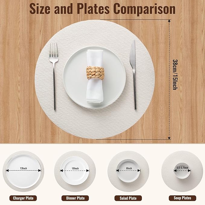 Jovono 15" Faux Leather Big Round Placemats Set of 8 - Washable Heat Resistant Non-Slip Dining Table Mats with Fabric Texture for Kitchen Home Party Decor, White
