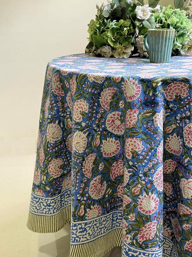 ATOSII Clover Pink 100% Cotton Round Tablecloth, Block Print Floral Table Cloth for Dining, Parties, Weddings, Outdoors, Holidays I 72" Inches, 4 Seater I Grandmillennial Farmhouse Spring Summer