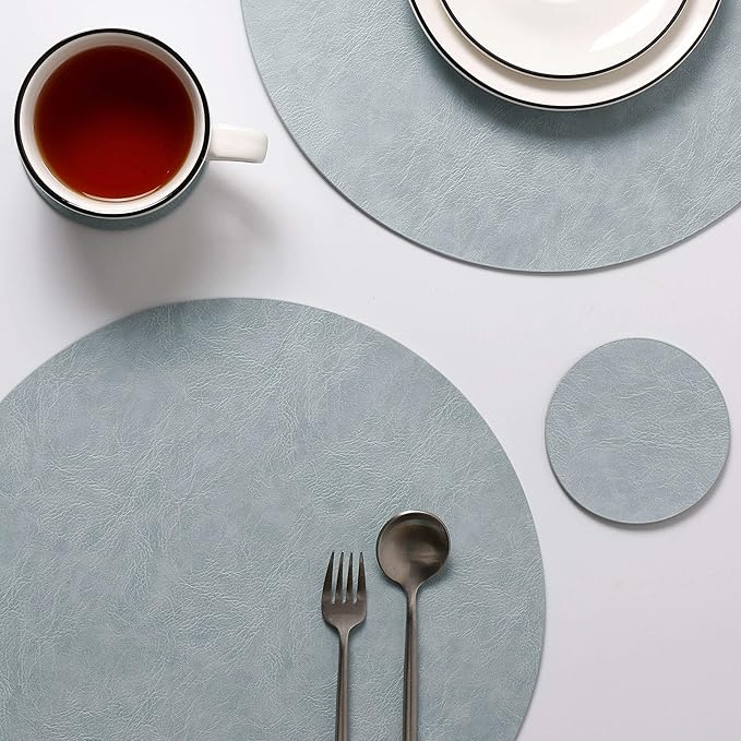 Embossed PU Leather Round Placemats, Waterproof Coffee Coasters, Kitchen Table Mats, Easy to Wipe Off for Dining Round Table, Set of 4