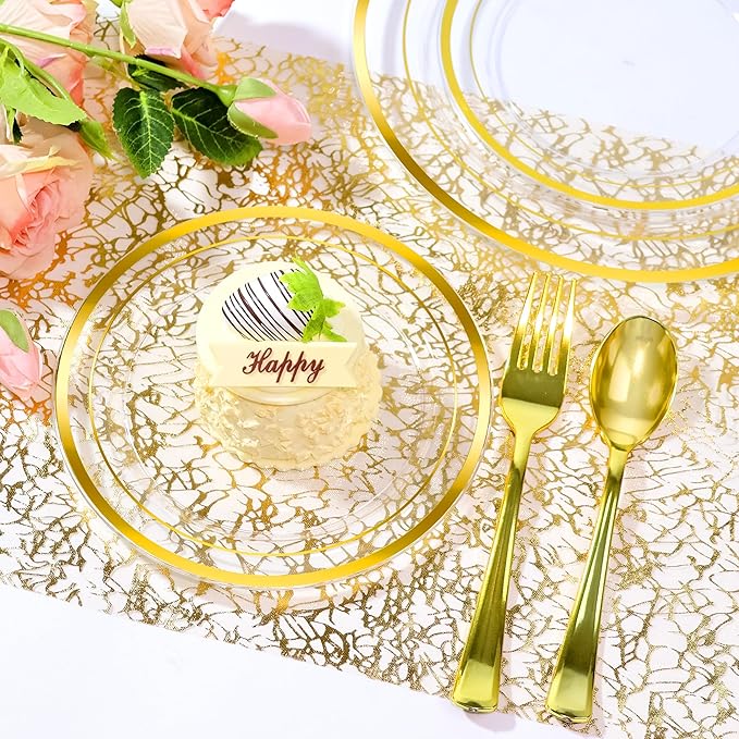 60 PCS Clear Gold Plastic Plates, Disposable Party Plates Include 30 Dinner Plate and 30 Dessert Plate Perfect for Holiday, Birthday, Wedding & Party