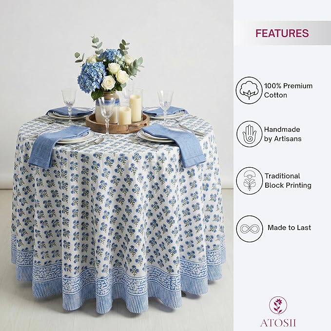 ATOSII Gulbahar Blue 100% Cotton Fall Round Tablecloth, Handblock Print Floral Table Cloth for Kitchen Dining Linen I Thanksgiving, Christmas, Weddings, Outdoors, Parties I 90" Inches Diameter