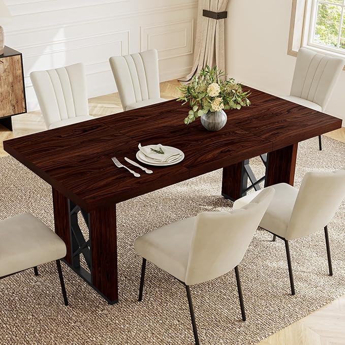 7-Piece Dining Table Set for 6 People, 70.8" MDF Kitchen Table with 6 Velvet Chairs, Space-Saving for Dining Room, Breakfast Nook(Walnut Table+6 Beige Chairs)