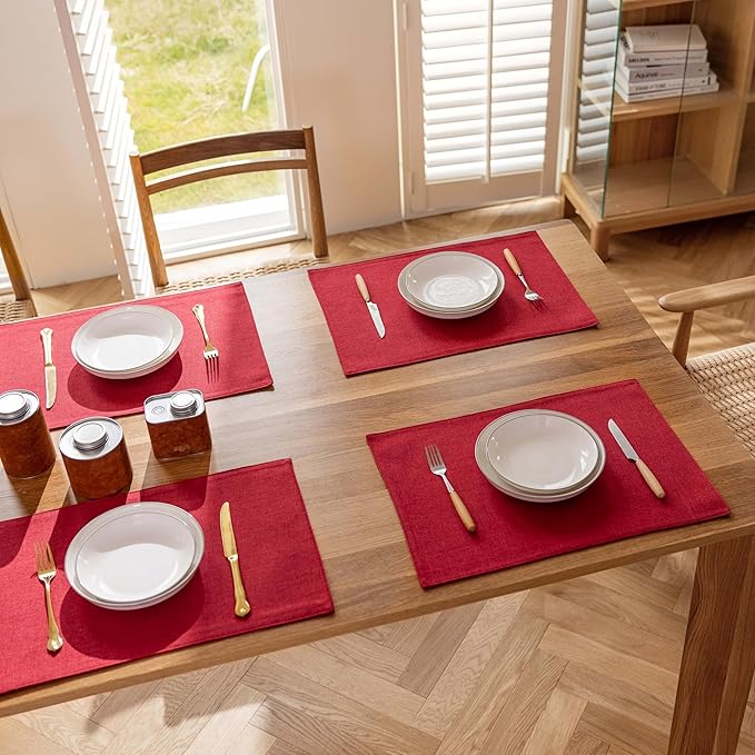 Demetex Valentines Placemats Set of 4 Heat Resistant Red Linen Place Mats Wipeable Cloth Placemats for Party Wedding Holiday Dinner, 13 x 19 inches, Wine Red