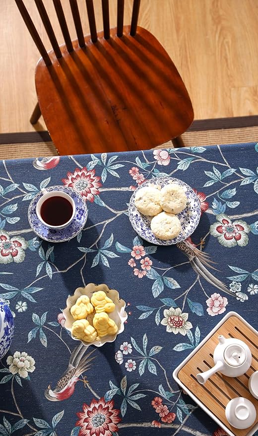 patdrea Designer Dark Blue Linen Rectangle Tablecloth,Vintage Navy French Floral and Birds Pattern Table Cloth,Decoration Table Cover for Kitchen,Dining,Tea Party,Home,Christmas,55"*71"