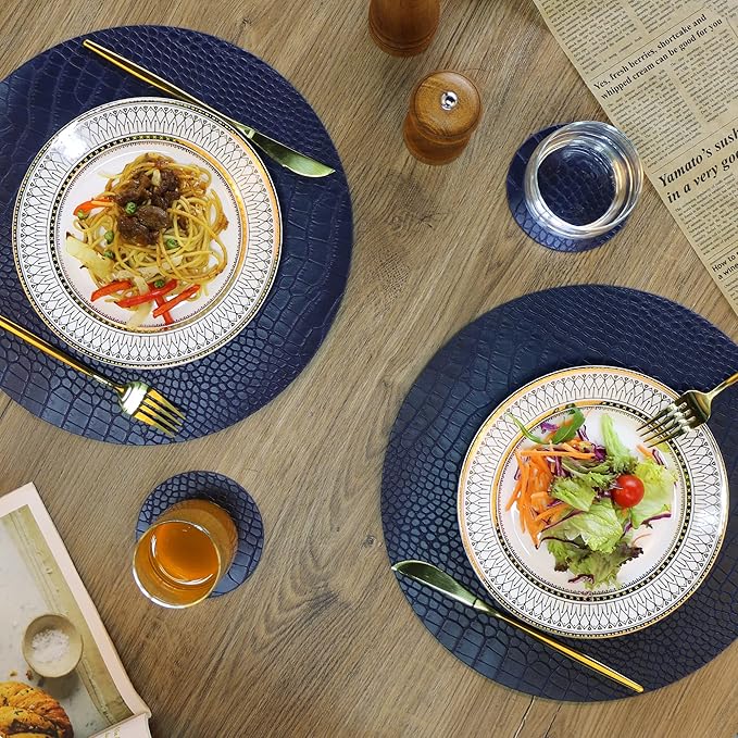 Round Leather Placemats for Round Tables Set of 4, Blue Table Place Mats and Coasters, Washable Easy to Care for Indoor Decor 13" Diameter