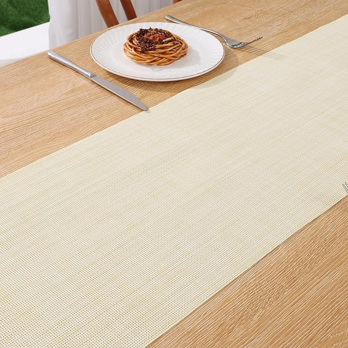 SHACOS Woven Vinyl Table Runner PVC Table Runners 12 x 54 inch Wipeable Plastic Heat Resistant Runner for Table Indoor Outdoor, Beige White