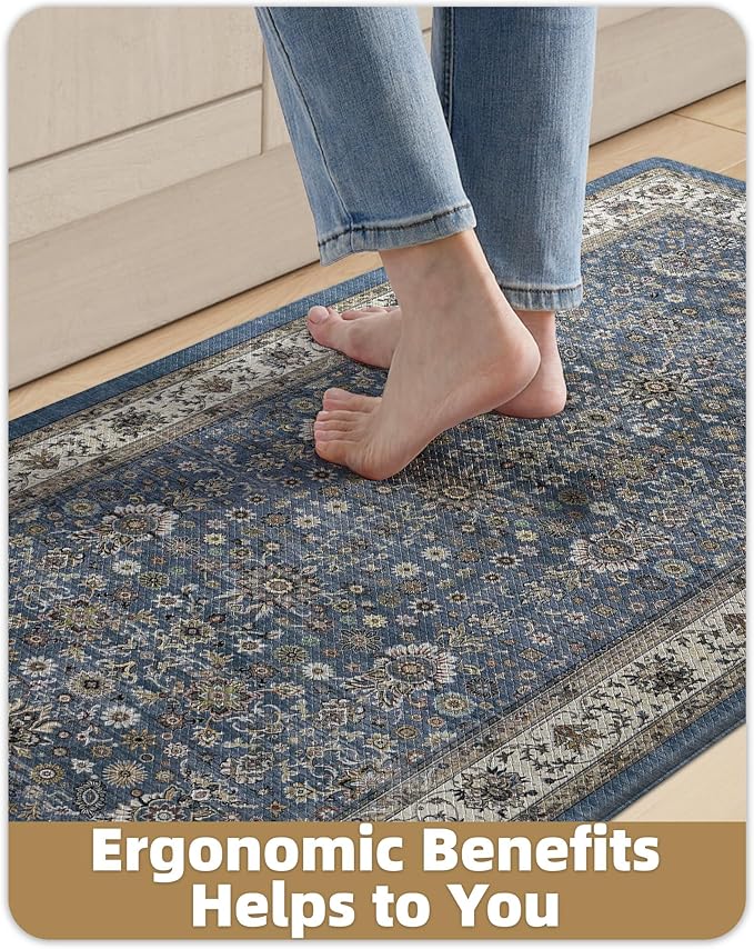 Color&Geometry Anti Fatigue Kitchen Mats for Floor 24x87, Vintage Decor, Easy Clean, Waterproof & Oil Proof, 0.4" Thick Cushioned, Non-Slip Kitchen Runner Rug for Sink, Laundry, Office, Blue