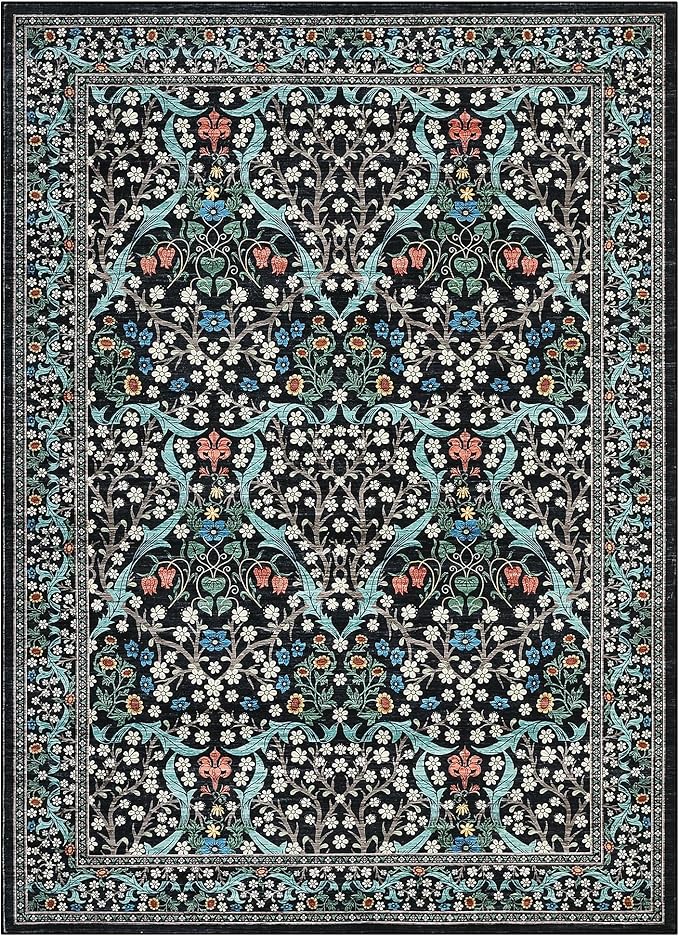 GarveeHome 8x10 Area Rugs, Washable Rugs for Living Room Non Slip Stain Resistant Ultra Soft Floral Rug, Boho Carpet Floor Mat for Bedroom Dining Room Nursery Playroom Office, Black