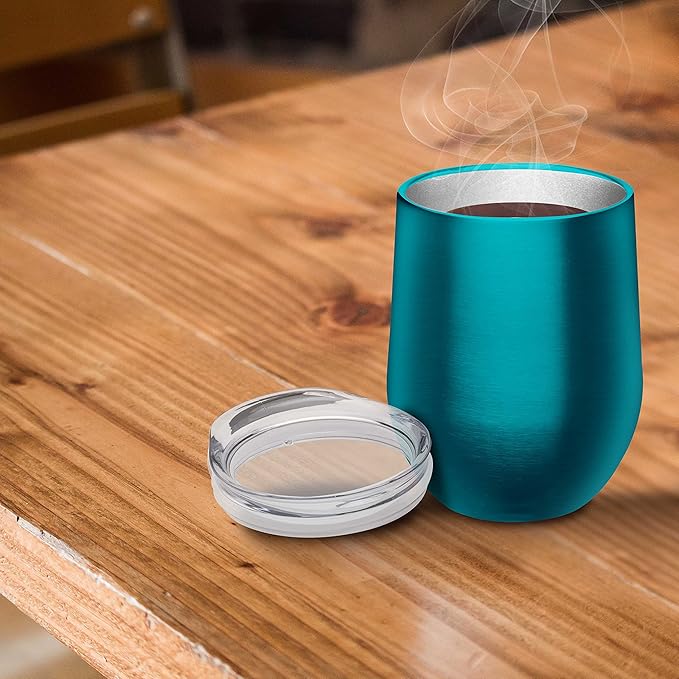 DISCOUNT PROMOS Stemless Wine Glass Tumblers with Lids by Largo 11 oz. Set of 6, Bulk Pack - Perfect for Wine, Cocktails, Other Hot & Cold Beverages - Teal