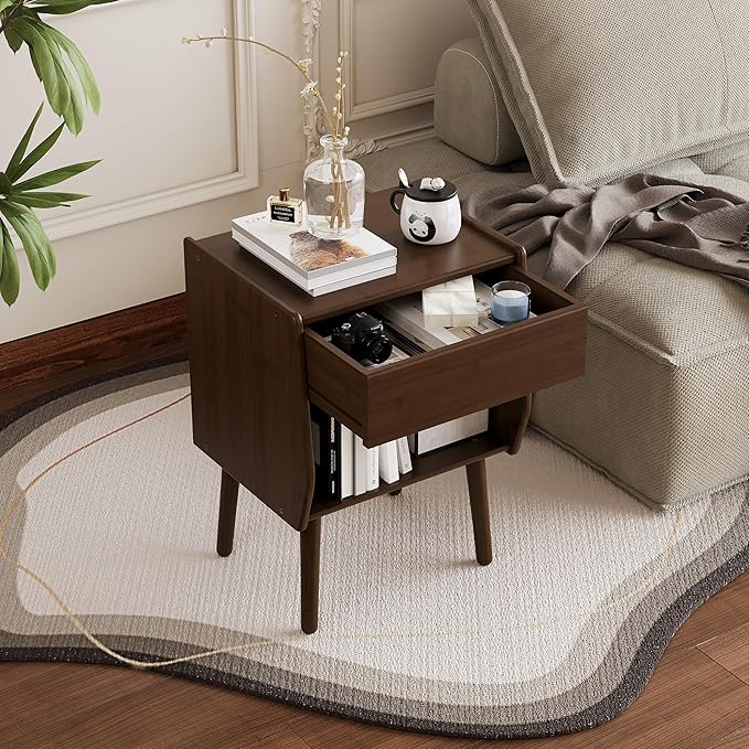 ZIYOO Nightstand with Drawer Open Shelf, Mid Century Modern Bedside Table, Small End Table for Living Room&Small Spaces, Bedroom, Walnut