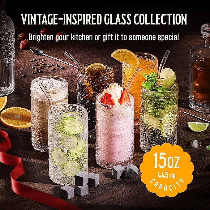 15 Oz Hobnail Drinking Glasses Set of 6 - Clear Multipurpose Glassware Sets, Decorative & Stylish Glasses Drinking Set for Bar, Kitchen, Cocktail Glassware, Garden - Home, Dining, & Kitchen