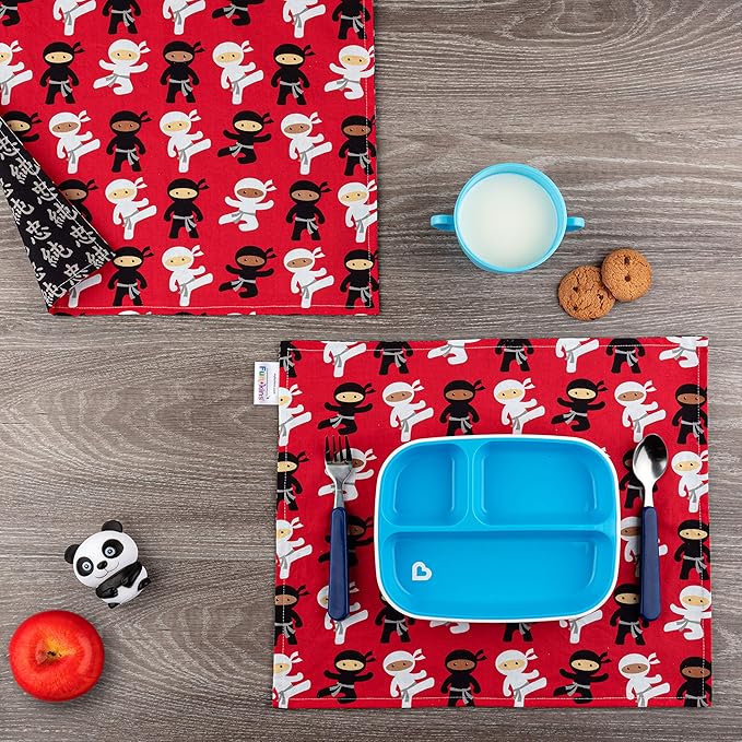Funkins Reusable Cloth Placemats for Kids & Lunch Boxes | Reusable, Eco-Friendly | 15"x13", 2-ply, Thick, Absorbent, Machine Washable | Set of 2 Placemats (Ninjas)