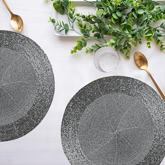 Lightnpro Beaded Placemats Set of 4 - Round Table Chargers - Handmade Rustic Glam Dining Table Mats - Elegant Silver Decorative Placemats for Holidays, Parties & Special Events - 13 Inch Mercury
