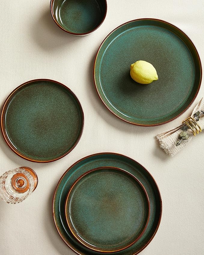Plates and Bowls Sets for 6, Ceramic Dinnerware Sets, Kitchen Dish Set, Microwave & Dishwasher Safe Dishware, Highly Durable Reactive Glazed Dinner Set, Brown Green