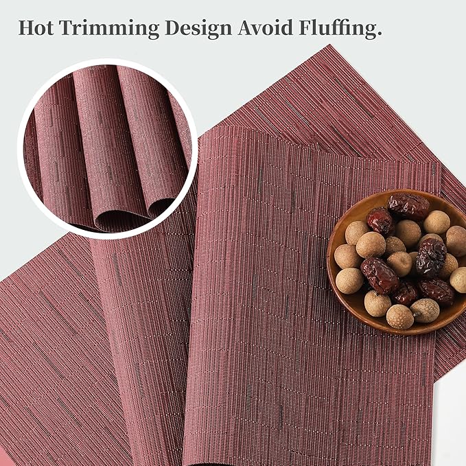 Leetaltree Burgundy Placemats Set of 4 - Heat Resistant Non-Slip Place mats for Dining Table, Washable Durable PVC Vinyl Woven Table Mats（Burgundy, 4）