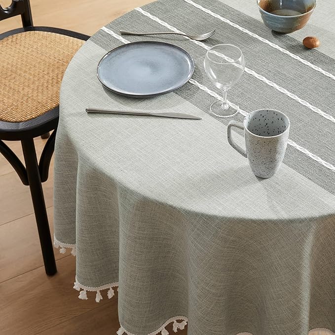 ZeeMart Contrast Linen Round Tablecloth 52 Inch Grey, Farmhouse Style Round Table Cloth Heavy Weight Grey Tablecloths, Water Resistant Burlap Table Cloths