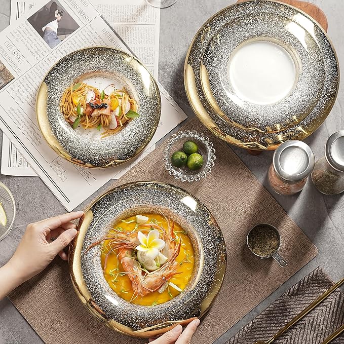 Ceramic Pasta Bowl Plates Set - Ballet Design with Gradient Gold Finish, Dinner Plates for Salad, Pasta & Sushi, Dishwasher Safe, Restaurant & Home Dinnerware