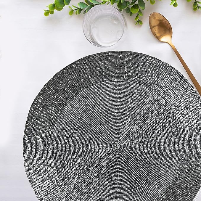 Lightnpro Beaded Placemats Set of 4 - Round Table Chargers - Handmade Rustic Glam Dining Table Mats - Elegant Silver Decorative Placemats for Holidays, Parties & Special Events - 13 Inch Mercury