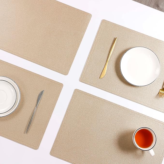 Faux Leather Gold Placemats, PU Table Mats, Set of 4, Waterproof, Heat Resistant, Non-Slip, Easy to Clean for Kitchen Dining Table,Conference Table